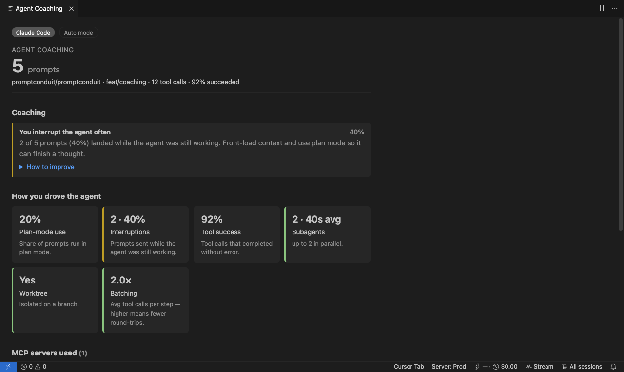 The Agent Coaching panel in Cursor: interruptions, plan-mode use, tool success, and subagents.