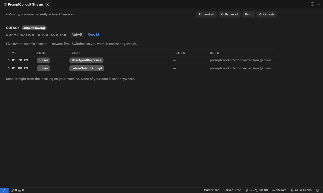 The Stream panel in Cursor: a live event feed following the most-recently-active AI session.